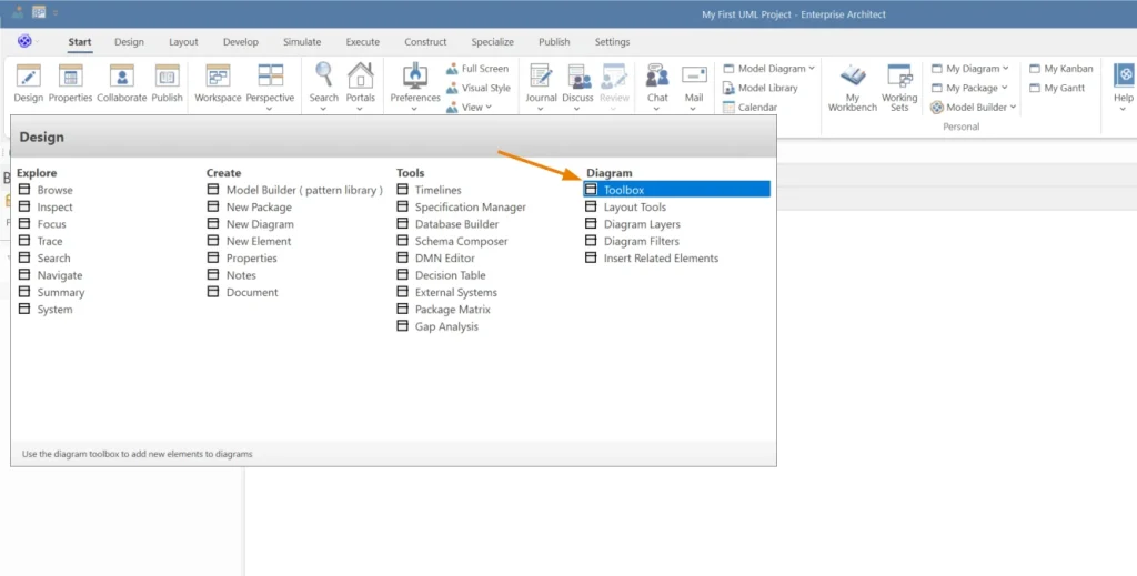 how to enable the uml toolbox in sparx systems ea
