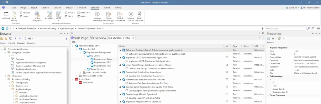 Sparx Systems Enterprise Architect screen showing the 'External Data' tab and linking the APM repository to ServiceNow CMDB data