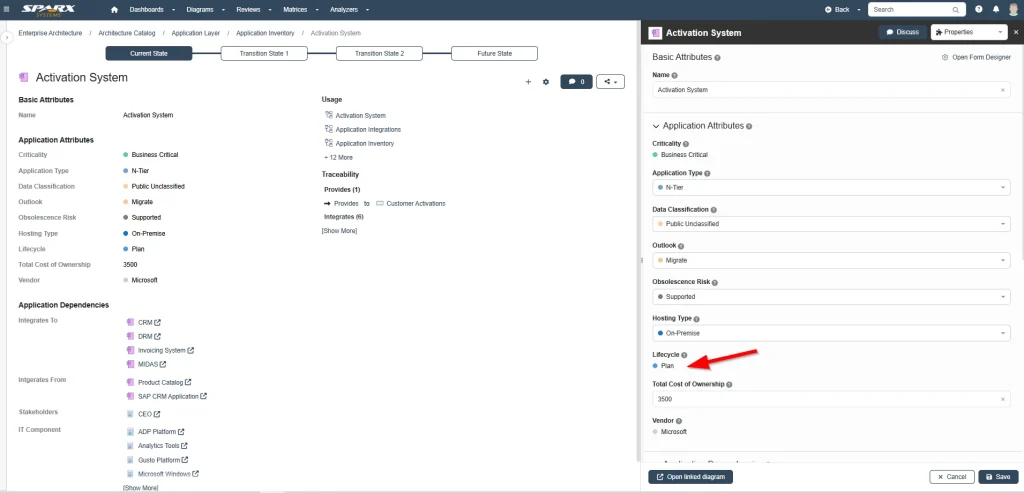 Sparx Systems Prolaborate screen showing delegated edit rights, allowing an Owner to update specific fields like 'Lifecycle' via the form