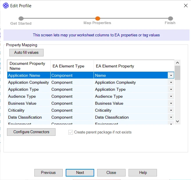 Sparx Systems import dialog showing the mapping of spreadsheet columns to Enterprise Architect properties and tags