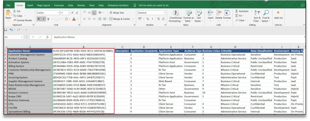 Excel application inventory sheet with Application Name and GUID columns prepared for synchronization with Sparx EA