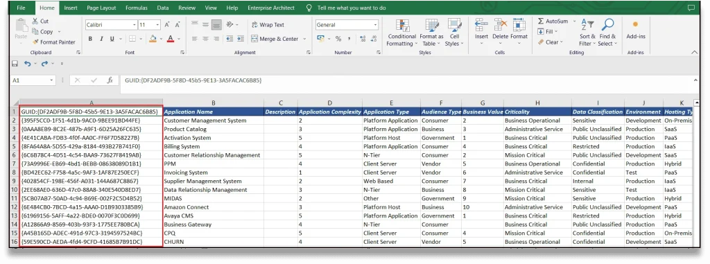 Excel sheet showing GUID column populated for each application to synchronize the APM inventory with Sparx EA
