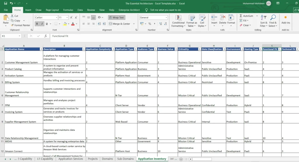 Illustration of the Application inventory Excel template listing applications with attributes like complexity, business value, criticality, data classification, hosting type, and fitness scores for APM import.