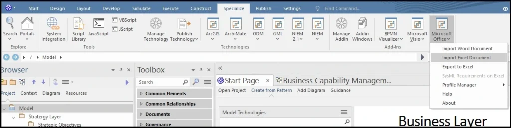 sparx-ea-apm-import-excel-document-menu-path