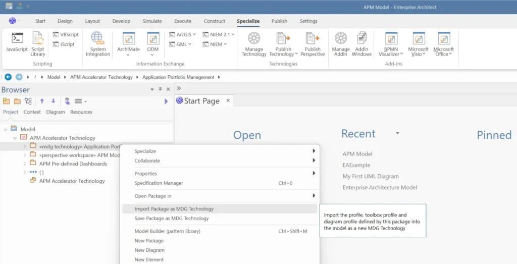 sparx-ea-apm-import-package-as-mdg-technology-context-menu